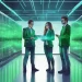 Centro de dados futurista com profissionais de cybersecurity analisando proteções virtuais, simbolizando estratégias de segurança digital para grandes empresas.