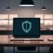 Laptop com ícone de escudo digital em uma mesa de madeira em um escritório minimalista com iluminação suave.