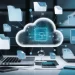 Ícone de nuvem digital transparente cercado por pastas e documentos flutuantes em um escritório, com laptop e smartphone.