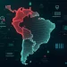 Mapas e dados digitais representando 356 bilhões de tentativas de ataques cibernéticos no Brasil.