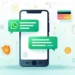 Ilustração corporativa plana de smartphone mostrando chat do WhatsApp com ícones de inteligência artificial e símbolos de banco digital