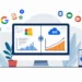 Ilustração corporativa comparando licenças Google Workspace e Microsoft 365 com ícones e gráficos de custos, suporte e integrações