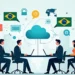 Ilustração corporativa mostrando consultores locais e globais discutindo migração para cloud com elementos tecnológicos e gráficos de desempenho