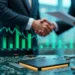 Ilustração detalhada de gráficos financeiros, chips de computador e mãos apertando um acordo simbólico representando investimento e controle político