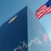 Torre corporativa da Intel com gráficos financeiros digitais e bandeira dos Estados Unidos ao fundo