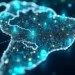 Representação digital de uma rede complexa de conexões em nuvem com computadores e servidores interligados em um mapa do Brasil